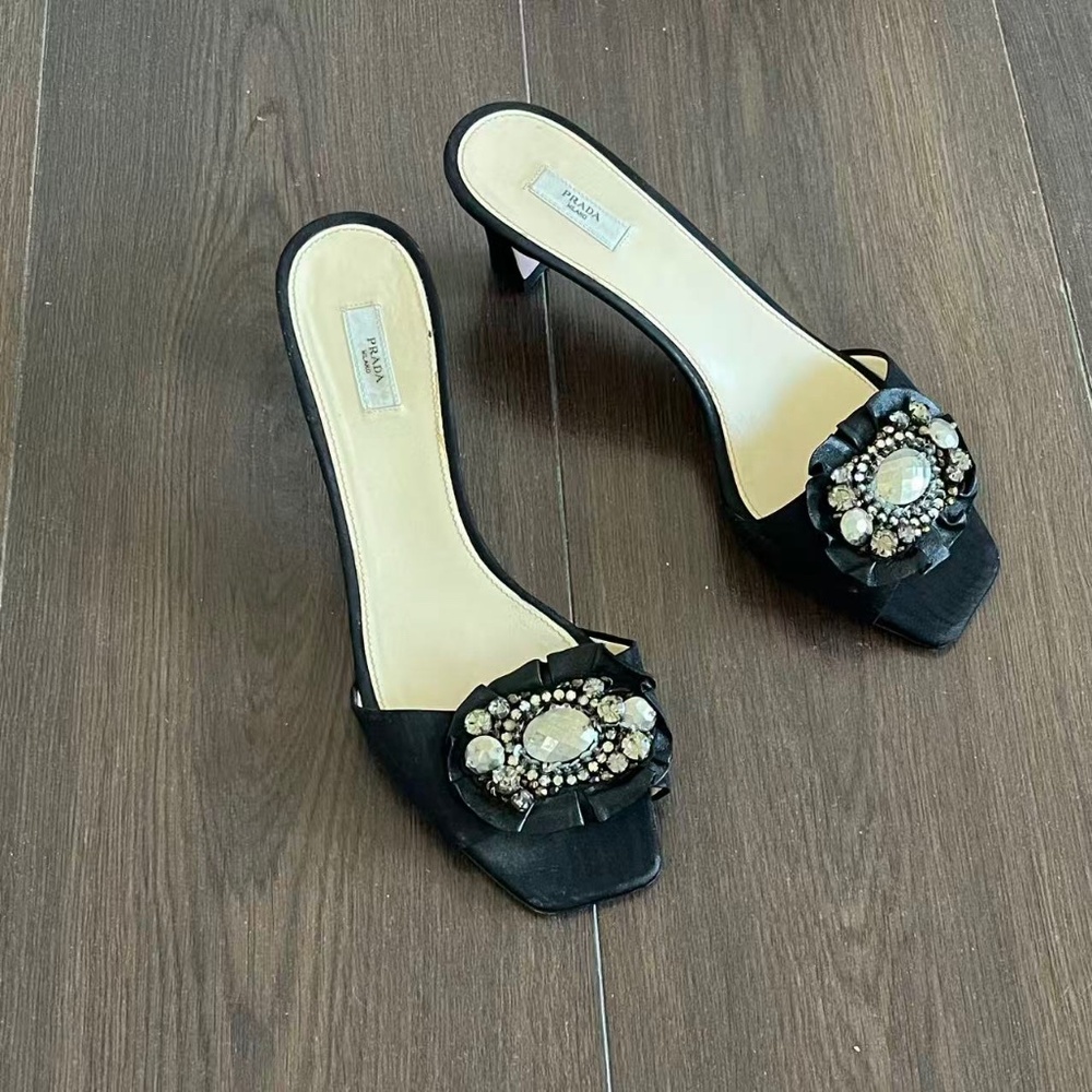 Prada black satin embellished sandal mules 37.5/US7